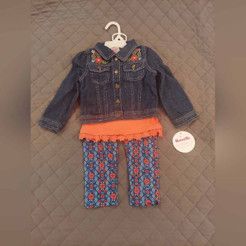 Denim Jacket with Floral Embroidery and Matching Shirt With Leggings